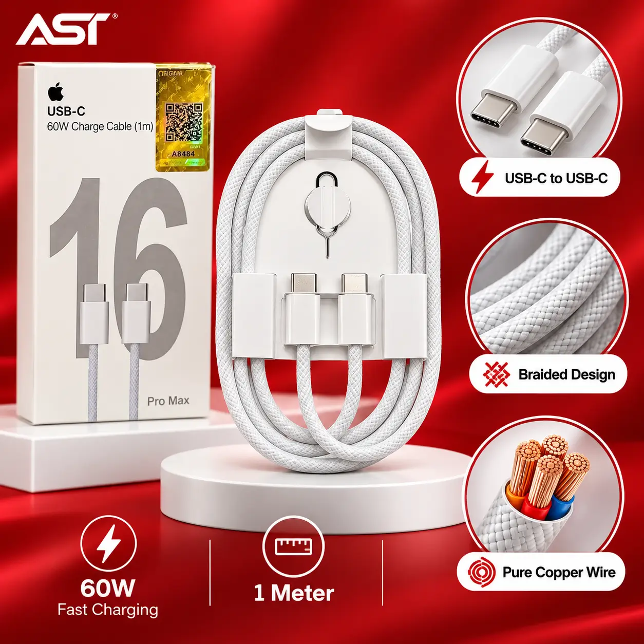 USB-C to USB-C Cable Pakistan 60W Braided Fast Charging (1m) | For iPhone 15, 16, 17 Pro Max - Image 2
